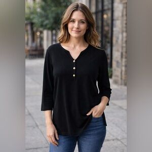 Exclusively‎ Misook Black 3/4 Sleeve Top with Button Accents Size Large